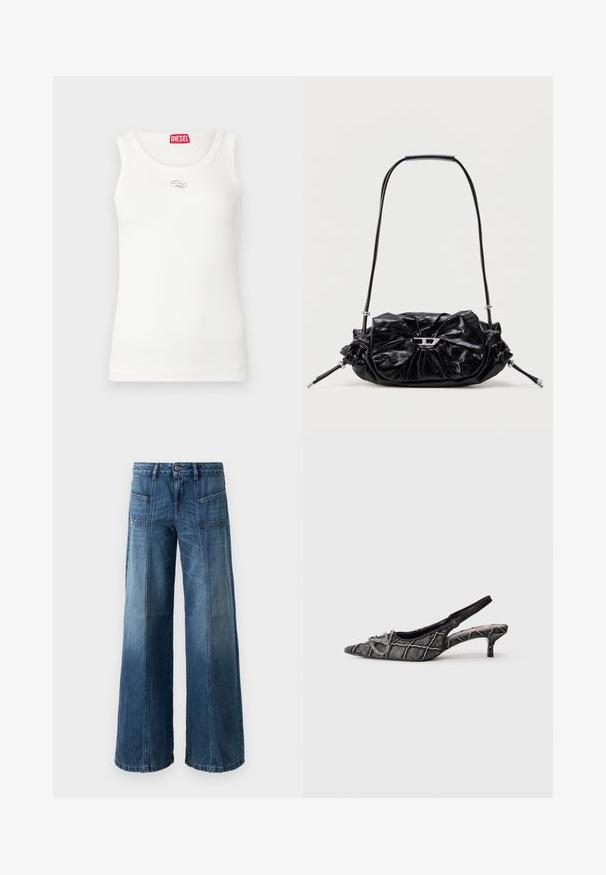 Débardeur blanc à texture côtelée, encolure ronde, sans manches et orné d'un logo argenté sur la poitrine. Étiquette de marque rouge au col.; Jeans évasés en denim bleu délavé. Comprend cinq poches, une fermeture à bouton et à fermeture éclair, avec des coutures apparentes et une coupe décontractée.; Escarpin noir avec bride arrière, talon kitten, bout pointu, motif texturé et détail de boucle argentée sur fond blanc.; Sac à main en cuir noir avec un design froncé et un détail en forme de nœud sur le devant. Dispose d'une poignée courte et d'accents de quincaillerie argentée.