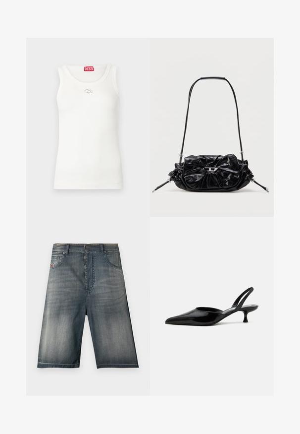 Débardeur blanc à texture côtelée, encolure ronde, sans manches et orné d'un logo argenté sur la poitrine. Étiquette de marque rouge au col.; Shorts en denim couleur bleu délavé, dotés d'un design à cinq poches, d'une fermeture à boutons et de détails de couture subtils.; Chaussure slingback à talon kitten en cuir verni noir avec bout pointu et talon bas incurvé sur fond clair uni.; Sac à main en cuir noir avec un design froncé et un détail en forme de nœud sur le devant. Dispose d'une poignée courte et d'accents de quincaillerie argentée.