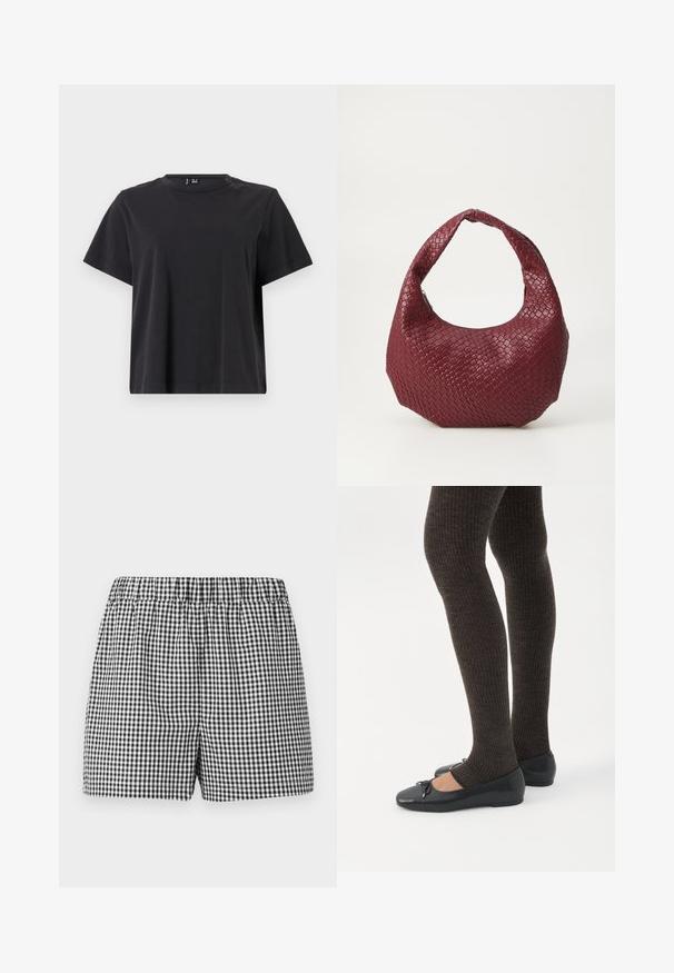 T-shirt noir à manches courtes avec un col rond, fabriqué en coton doux ; présente une coupe décontractée et une couleur unie sans motifs.; Shorts noir et blanc à carreaux avec une taille élastique et une coupe décontractée. Fabriqués en tissu léger. Pas de détails supplémentaires ni de poches.; Jambes portant des leggings côtelés foncés associés à des ballerines noires avec de petits détails en nœud sur fond blanc.; Sac à main tissé bordeaux avec une silhouette arrondie, une seule poignée et une finition texturée. Fermeture zippée en haut.