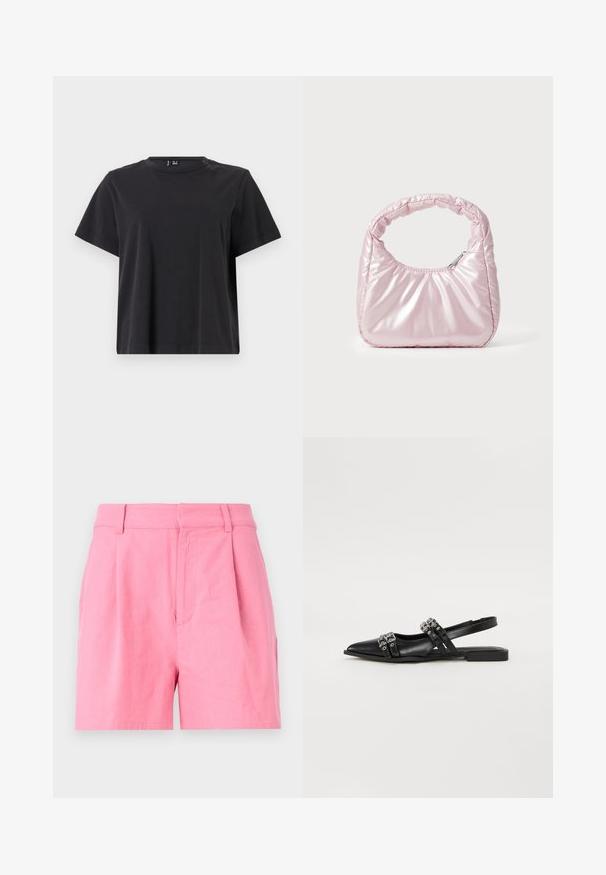 T-shirt noir à manches courtes avec un col rond, fabriqué en coton doux ; présente une coupe décontractée et une couleur unie sans motifs.; Shorts roses en coton avec une texture lisse, dotés de plis, d'une taille élastique et de poches latérales pour plus de fonctionnalité.; Even&Odd by Zalando Ballerines à brides arrière - black; Sac à main rose rembourré avec un design arrondi, fabriqué à partir d'un matériau brillant. Dispose d'une poignée froncée et d'une fermeture éclair pour un accès sécurisé.