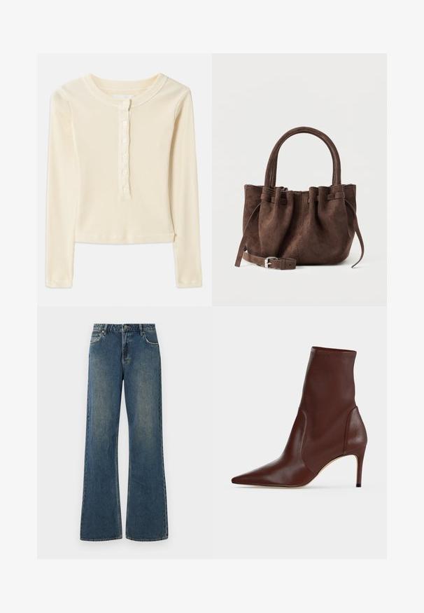 Lys gul, ribbet langærmet top med rund halsudskæring og seks knaplukninger foran. Har en cropped kant og blød tekstur.; Bredde ben denim jeans i mellemblå med en falmet finish. Har fem lommer, bæltestropper og en metalknaplukning. Så lavet af bomuldsstof.; Mørkebrun læderankelstøvle med spids snude og slank høj hæl mod en ensfarvet lys baggrund.; Brun ruskind håndtaske med sammensyet top, dobbelte håndtag og aftagelig rem med sølvspænde, vist mod en ensfarvet baggrund.