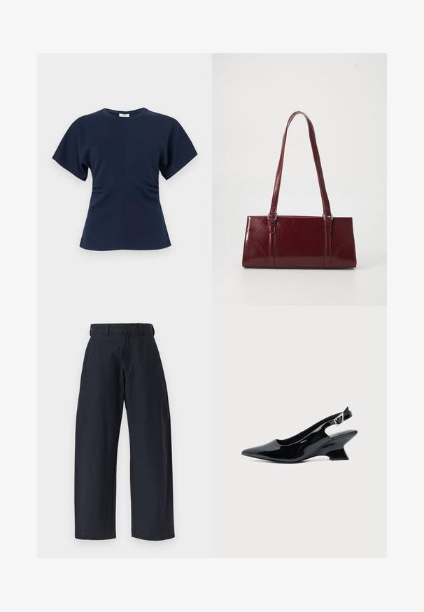 Haut pour femme à manches courtes bleu marine avec encolure ronde et léger froncé à la taille, présenté sur fond blanc uni.; Pantalon noir à jambes larges avec passants pour ceinture et poches latérales, présenté à plat sur un fond blanc.; Chaussure slingback en cuir verni noir avec bout pointu et petit talon bloc incliné sur fond clair uni.; Sac à main bordeaux en matériau brillant, de forme rectangulaire, avec deux anses et des accents légèrement courbés à l'avant.