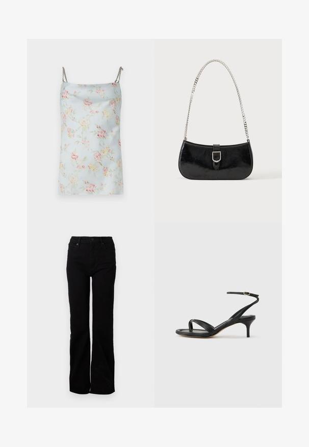 Rabanne Top - pink/blue/green/yellow; Čierne denimové džínsy so striha s rovnými nohavicami, päť vreciek, predné zapínanie na gombík a jemná textúra. Žiadne viditeľné vzory ani akcenty.; Čierne kožené sandále pre ženy s tenkými remienkami, očkom na palec, prackou na členku a stredne vysokým ihličkovým podpätkom na neutrálom pozadí.; Čierna lakovaná kožená kabelka na rameno so striebornou prackou a strieborným reťazovým remienkom, zobrazená na jednofarebnom svetlom pozadí.