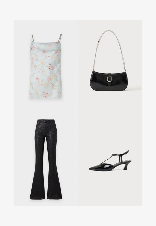 Rabanne Top - pink/blue/green/yellow; Sort flagrende bukser med et tekstureret, let skinnende stof, der har lodrette striber. Taljen er elastisk, hvilket øger komforten og pasformen.; Sort laklæder spids tå slingback sko med T-rem og lav skrå blokhæl på hvid baggrund.; Sort skuldertaske i laklæder med sølv spænde og sølv kæderem, vist mod en ensartet lys baggrund.