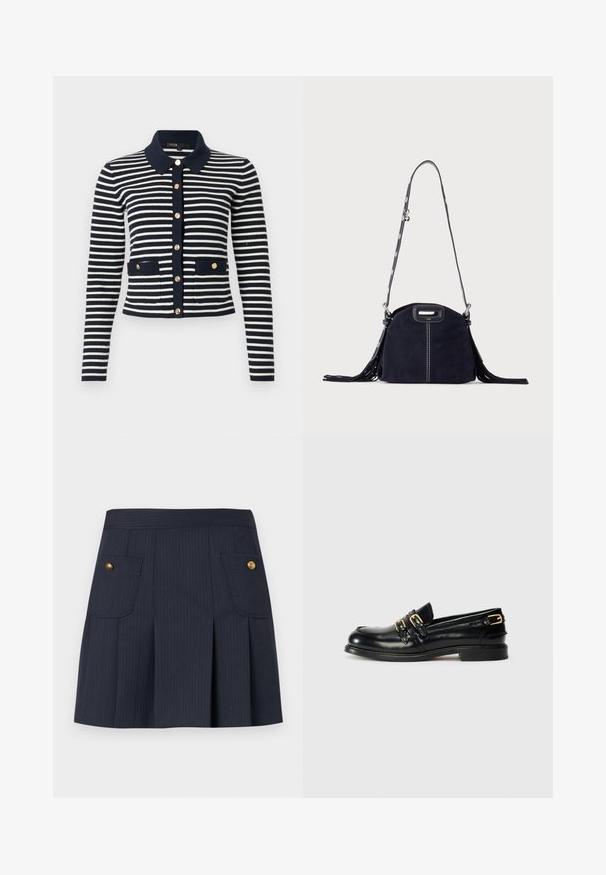 Cardigan en tricot à manches longues rayé bleu marine et blanc, avec des boutons dorés, un col bleu marine et deux poches avant ornées de boutons.; Jupe à rayures bleu marine foncé avec des plis à l'avant et deux poches à rabat ornées de boutons dorés de chaque côté.; Mocassins en cuir noir avec une finition brillante, dotés de deux boucles dorées et d'un talon bas. Texture lisse avec un design à bout arrondi.; Sac à main en daim bleu foncé avec des coutures blanches, une poignée découpée, une bandoulière à motif et de longues franges des deux côtés.