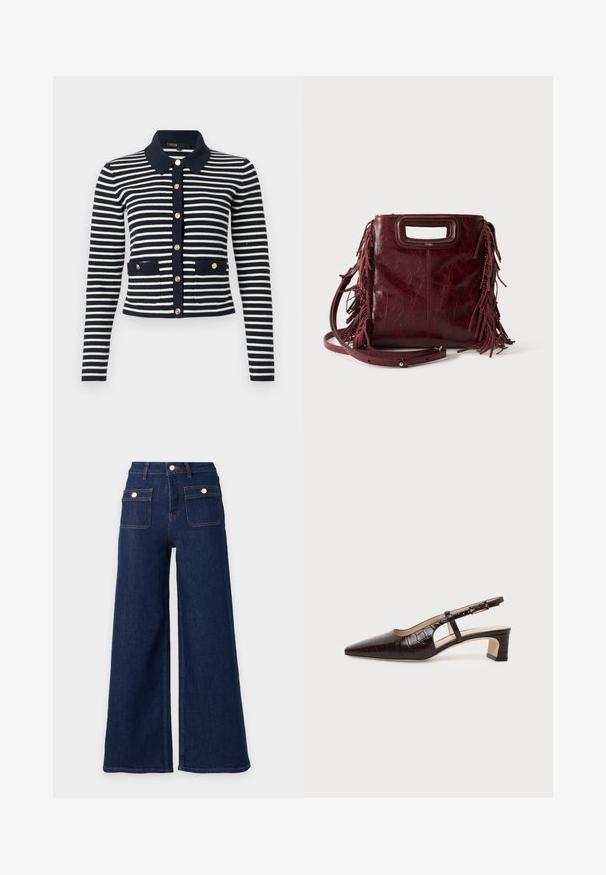 Cardigan en tricot à manches longues rayé bleu marine et blanc, avec des boutons dorés, un col bleu marine et deux poches avant ornées de boutons.; Jeans en denim bleu foncé à jambes larges, taille haute et deux poches avant à rabat avec boutons.; Chaussure slingback en cuir marron foncé à texture crocodile, bout pointu, talon bas bloc et bride ajustable avec boucle dorée.; Sac à main carré en cuir bordeaux avec poignée découpée, détails de franges latérales et bandoulière réglable sur fond uni.