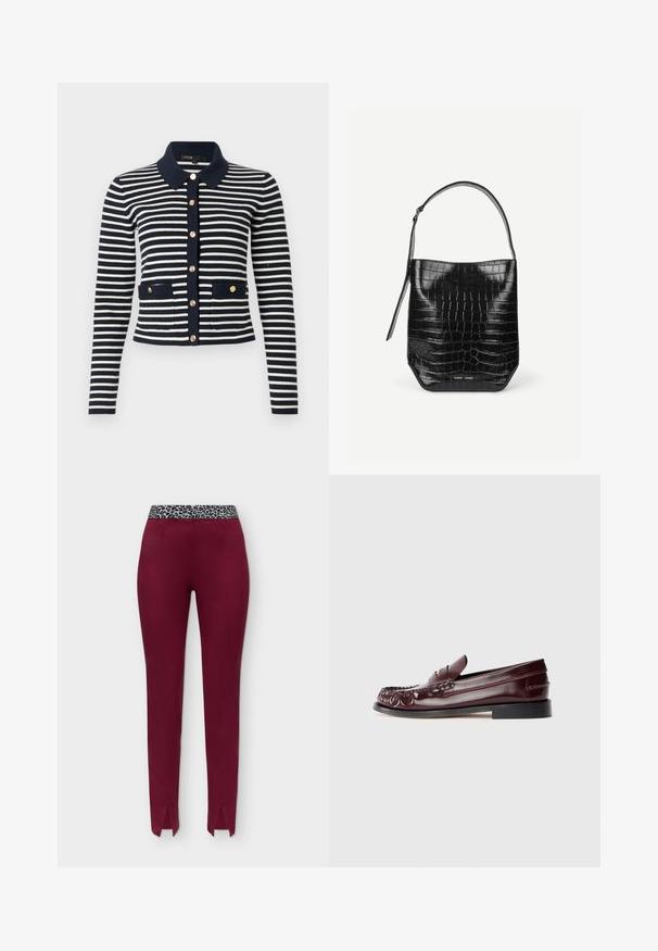 Cardigan en tricot à manches longues rayé bleu marine et blanc, avec des boutons dorés, un col bleu marine et deux poches avant ornées de boutons.; Pantalon slim bordeaux avec fentes sur le devant des jambes et une ceinture élastique imprimé léopard sur fond uni.; Mocassin penny en cuir bordeaux avec semelle noire et détail en métal doré sur le dessus, présenté en vue latérale sur fond blanc.; Sac seau en cuir embossé noir façon croco avec une seule bandoulière et un petit logo argenté de la marque au centre en bas à l'avant.