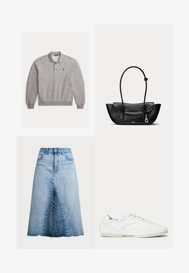 Polo de manga larga color gris claro con puños acanalados, tapeta con dos botones y pequeño logo bordado en azul marino en el pecho izquierdo.; Polo Ralph Lauren PANELED DENIM A LINE SKIRT - Falda acampanada - lindale wash; Zapatilla blanca de perfil bajo con cordones, panel lateral de tela lisa y suela blanda y flexible.; Bolso de hombro de cuero negro con solapa curva, correa larga y fina, alas laterales, cierre pequeño de plata y logo de Polo Ralph Lauren en la parte delantera.