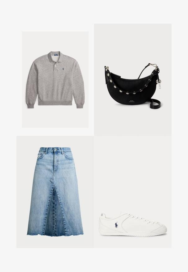 Lysegrå langærmet poloshirt med ribmanchetter, to-knaps stolpe og lille marineblåt broderet logo på venstre bryst.; Polo Ralph Lauren PANELED DENIM A LINE SKIRT - A-snit nederdel - lindale wash; Hvid lavprofil sneakers med snørelukning foran og mørkeblå polospillerlogo på siden, vist fra indersiden.; Sort læderhåndtaske med buet design, sølvdetaljer på stropperne og lynlås lukning for sikker opbevaring.