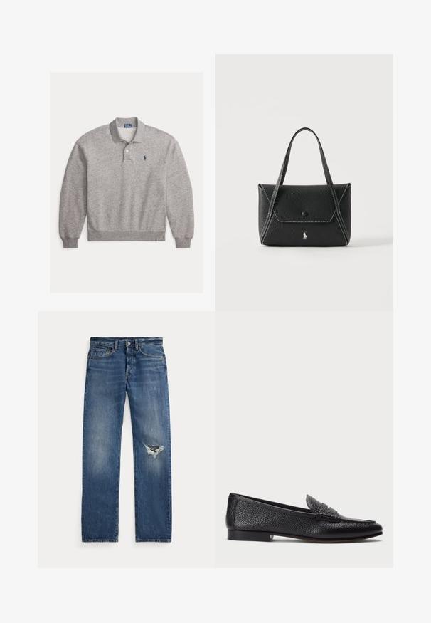 Polo de manga larga color gris claro con puños acanalados, tapeta con dos botones y pequeño logo bordado en azul marino en el pecho izquierdo.; Jeans de mezclilla azul con una cintura de altura media, cinco bolsillos y un desgarro deshilachado en la rodilla derecha.; Mocasin de cuero negro con acabado texturizado, que cuenta con una correa decorativa y tacón plano. Diseño elegante y minimalista con punta redondeada.; Bolso de mano de cuero negro con dos asas, solapa frontal con cierre de botón, costuras blancas y pequeño logo de caballo sobre un fondo liso.
