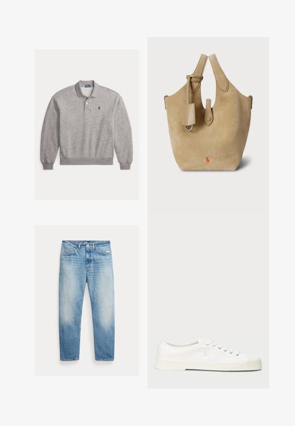 Lysegrå langærmet poloshirt med ribmanchetter, to-knaps stolpe og lille marineblåt broderet logo på venstre bryst.; Lyseblå falmede jeans med lige ben, forlommer, knap- og lynlåslukning samt let slid på højre lår.; Hvide lærredssneakers med rund tå, snørelukning og diskret logo-detalje. Har en tekstureret overflade og gummisål.; Beige ruskindstaske med to buede håndtag, en glat læderdetalje og en orange logo foran. Kompakt og struktureret form.