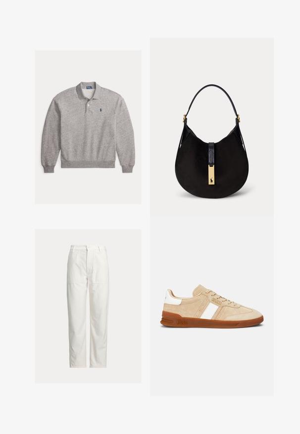 Polo manches longues gris clair avec poignets côtelés, patte à deux boutons et petit logo brodé bleu marine sur la poitrine gauche.; Pantalon blanc droit avec grandes poches plaquées devant, passants de ceinture et fermeture par bouton à la taille.; Baskets en daim beige avec des bandes blanches, une semelle en caoutchouc et des accents marron clair. Présentent un corps texturé et un logo sur le côté.; Sac à main croissant en daim noir avec une seule bandoulière noire et un fermoir doré avec un logo de joueur de polo.
