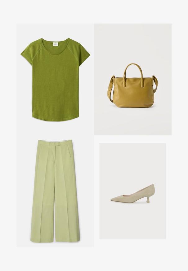 Groene t-shirt met korte mouwen, gemaakt van zachte stof. Heeft een ronde halslijn en een relaxte pasvorm. Eenvoudig ontwerp zonder zichtbare patronen of accenten.; Lichtgroene wijde broek van soepel materiaal, met voorplooien, twee zijzakken en een rechte snit.; Beige suède damespump met een puntige neus, lage, slanke kittenhak en een gladde, matte afwerking.; Mosterdgele leren handtas met dubbele handvatten en verstelbare schouderriem, afgebeeld tegen een effen witte achtergrond.