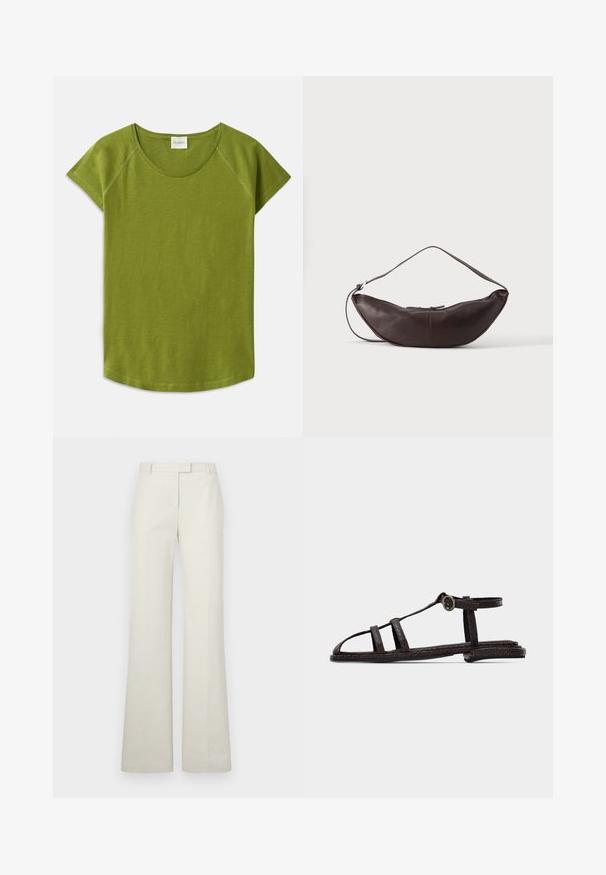 T-shirt vert à manches courtes en tissu doux. Présente un col rond et une coupe décontractée. Design épuré sans motifs ni accents visibles.; Pantalons larges crème en tissu lisse, avec passants de ceinture, devant plat et sans poches. Coupe ajustée avec un design épuré et minimal.; Sandale plate marron foncé avec des brides texturées, boucle à la cheville et design à bout ouvert sur un fond clair uni.; Sac d'épaule en cuir marron foncé en forme de croissant avec une lanière courbée et des coutures visibles sur fond uni.