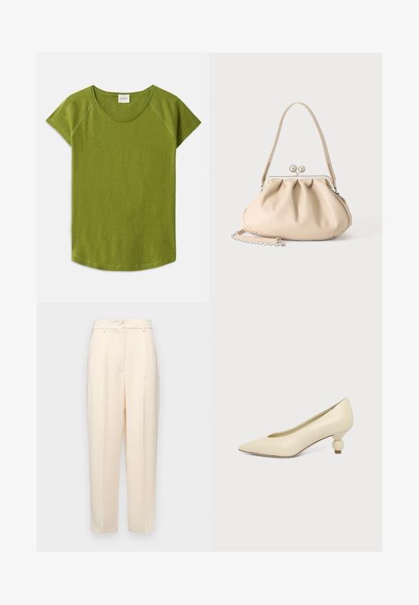 T-shirt vert à manches courtes en tissu doux. Présente un col rond et une coupe décontractée. Design épuré sans motifs ni accents visibles.; Pantalons beiges ajustés à coupe droite, avec des plis à l'avant, une texture lisse et une taille mi-haute. Pas de poches visibles.; Chaussure femme couleur crème à bout pointu avec un petit talon rond en forme de boule, sur fond uni.; Sac à main en cuir souple beige avec un fermoir en métal argenté, une bandoulière simple et une bandoulière chaîne optionnelle sur fond blanc.