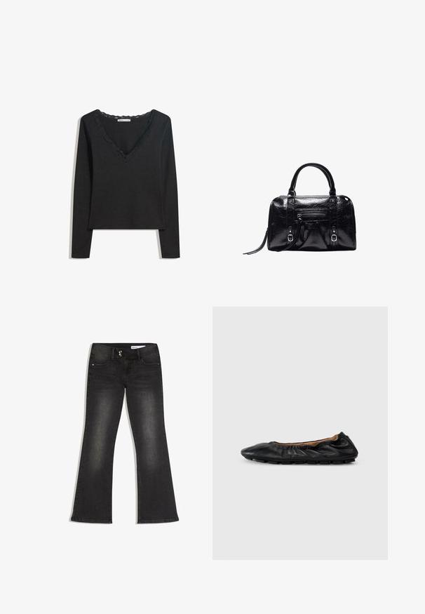 Sort langærmet top lavet af blødt stof. Har en dyb V-hals med scallop-besat kant og en tætsiddende silhuet. Ingen synlige mønstre.; Sort falmede bootcut-jeans med lommer foran og bagpå, dobbel knaplukning og bæltestropper, lagt fladt på en hvid baggrund.; Sort læder balletflade med samlet detaljering ved kraven, rund tå og fleksibel gummisål. Glat tekstur hele vejen igennem.; Sort skinnende læderhåndtaske med to håndtag, lomme med lynlås foran, spænde detaljer og et håndledsrem på hvid baggrund.