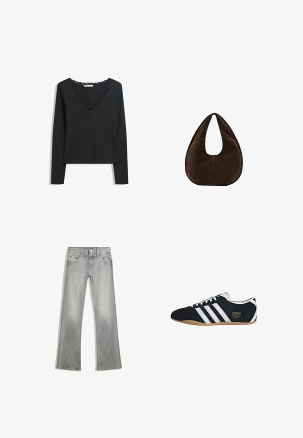 Haut noir à manches longues en tissu doux. Présente un décolleté en V profond avec une bordure en dentelle festonnée et une silhouette ajustée. Pas de motifs visibles.; Jeans flare en denim gris avec une finition délavée, dotés d'une fermeture à bouton, de cinq poches et de coutures le long de la taille et de l'ourlet.; Sneakers en suede noir avec trois bandes blanches, logo doré et semelle en caoutchouc marron. Présente un design à lacets à profil bas.; Sac à main en daim marron foncé en forme de croissant avec une seule sangle large et une texture lisse sur fond blanc.