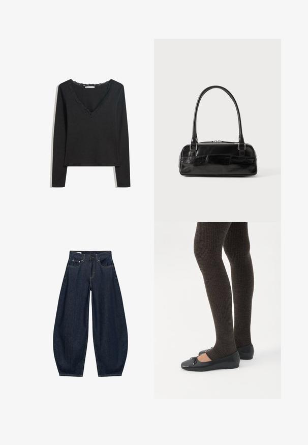 Sort langærmet top lavet af blødt stof. Har en dyb V-hals med scallop-besat kant og en tætsiddende silhuet. Ingen synlige mønstre.; Mørkeblå vidde jeans med frontlommer, bæltestropper og knaplukning i taljen.; Ben iført mørke ribbede leggings kombineret med sorte balletsko med små sløjfedetaljer på hvid baggrund.; Sort læderhåndtaske med rektangulær form, der har et enkelt struktureret håndtag, sølvhardware og lynlås-lukning. Glat tekstur.