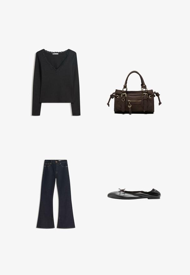 Sort langærmet top lavet af blødt stof. Har en dyb V-hals med scallop-besat kant og en tætsiddende silhuet. Ingen synlige mønstre.; Mørke denim flare jeans med høj talje, kontrastsyede sømme, knaplukning og fire lommer. Buksebenene bliver bredere ved kanten.; Sort læder balletsko med en lille sløjfe foran og en let samlet søm bagpå, vist fra siden på hvid baggrund.; Mørkebrun læderhåndtaske med dobbelte håndtag, forreste lynlåslomme, dekorative spænder og sideknuder på hvid baggrund.