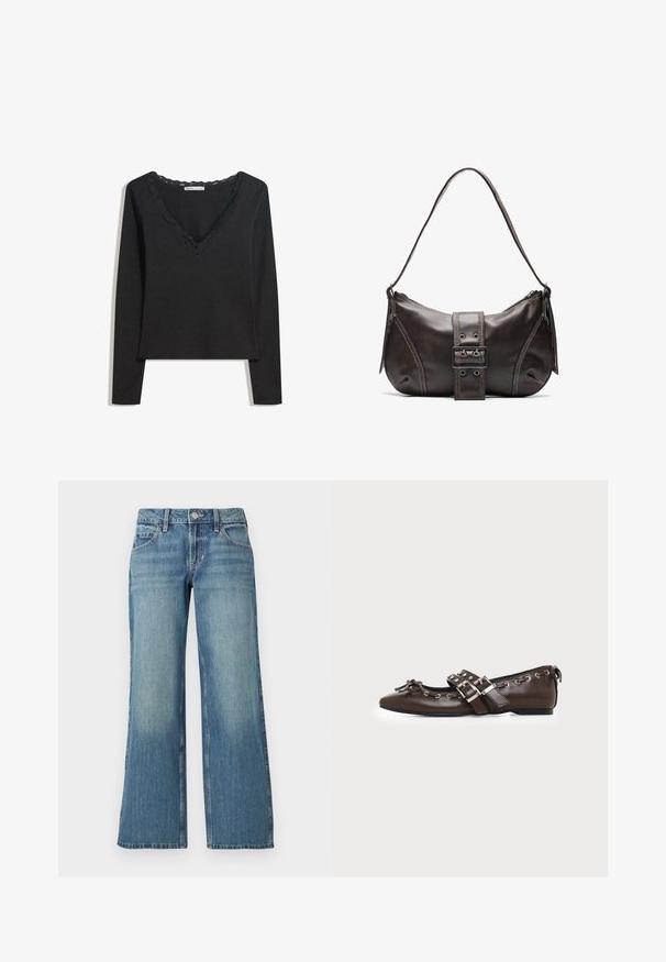 Sort langærmet top lavet af blødt stof. Har en dyb V-hals med scallop-besat kant og en tætsiddende silhuet. Ingen synlige mønstre.; Lyseblå denimjeans med bred benform, der har en mellemhøj talje, forlommer og diskret falming, der viser en glat tekstur.; Mørkebrune lædersko med flad sål og spids snude, dobbelt sølvsnørrebånd, metaløjer og dekorativ sløjfe foran.; Brun læder skuldertaske med en buet form, der har et fremtrædende spænde, kontrasterende syninger og en enkelt skulderrem.