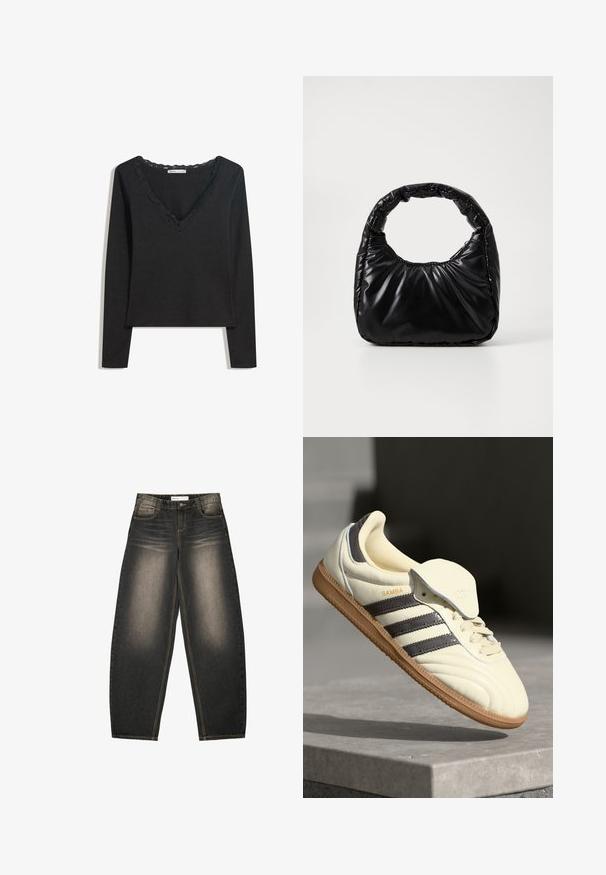 Sort langærmet top lavet af blødt stof. Har en dyb V-hals med scallop-besat kant og en tætsiddende silhuet. Ingen synlige mønstre.; Grå denim bredbenede jeans med let lysning, fem lommer, kontraststing og en afslappet pasform. Ingen synlige mønstre eller udsmykninger.; Cremefarvede lædersneakers med tre mørke striber, en brun gummisål og en afrundet tå. Har en foldbar tunge mærket "SAMBA."; Sort polstret håndtaske med et rundt håndtag, der har en glat, skinnende overflade og en blød, kviltet tekstur. Ingen synlige hardware eller accenter.