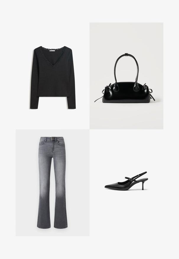 Sort langærmet top lavet af blødt stof. Har en dyb V-hals med scallop-besat kant og en tætsiddende silhuet. Ingen synlige mønstre.; Højtaljede, brede jeans i mørkegråt denim med forlommer, knaplukning og subtilt falmede effekter mod kanten.; Sorte læder slingback hæle med spids tå, slank justerbar rem og en stiletto hæl på cirka 5 cm, glat tekstur.; Lille sort blank håndtaske med to lange håndtag og snøre-detaljer i siden på en ensfarvet lys baggrund.