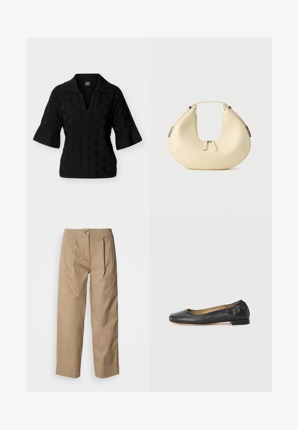 Polo en maille noire avec larges demi-manches et motif carré texturé, présentant un col en V profond et un col.; Pantalon beige taille haute avec jambes droites, détails plissés et fermeture à bouton. Fabriqué en tissu de coton léger avec une texture lisse.; Ballerines en cuir noir avec un bout arrondi et des coutures minimales. Talon bas et rectangulaire avec une texture lisse. Détails subtils de doublure intérieure.; Sac à main beige en forme de croissant avec fermeture à double fermeture éclair et poignée courte, avec des détails en métal argenté sur les côtés.