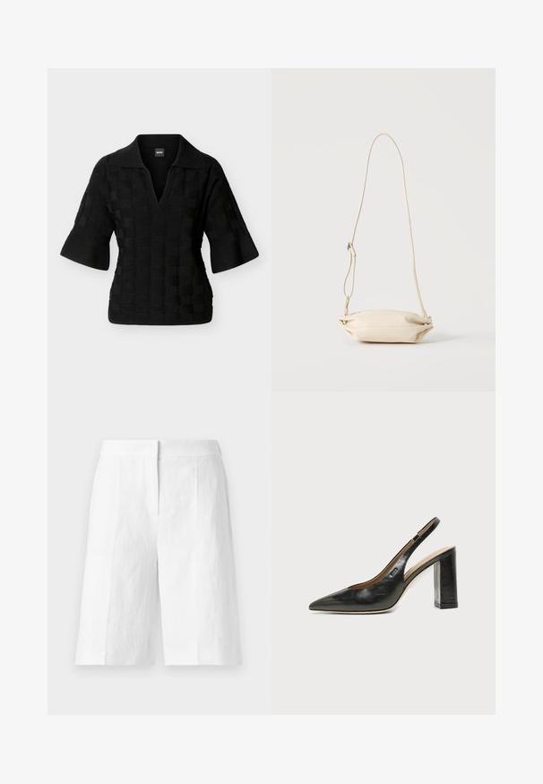 Polo en maille noire avec larges demi-manches et motif carré texturé, présentant un col en V profond et un col.; Shorts blancs ajustés longueur genou avec une taille haute et des plis à l'avant, présentés à plat sur un fond clair.; Chaussure slingback en cuir noir à bout pointu avec un talon bloc haut et une doublure intérieure beige sur un fond clair uni.; Petit sac bandoulière en cuir beige avec sangle ajustable, présenté sur un fond clair uni.