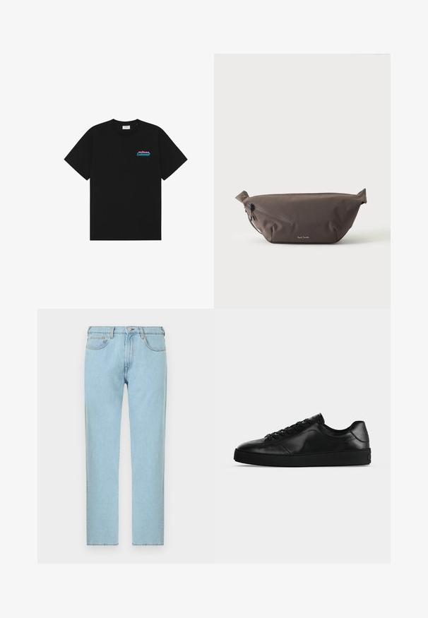 T-shirt noir à manches courtes avec col rond et petit logo "prince" rose et bleu sur la poitrine gauche.; Jean en denim bleu clair à jambes droites avec fermeture à bouton et fermeture éclair à l'avant, poches avant et arrière, présenté sur fond blanc.; Sneaker noir en cuir à profil bas avec lacets sur le devant et semelle plate texturée, montré de profil sur un fond neutre.; Sac banane en tissu marron foncé avec poche zippée en diagonale et petit logo blanc sur le devant, sur un fond clair uni.