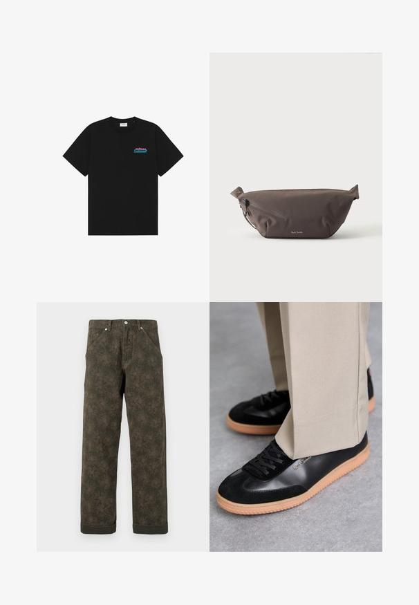 T-shirt noir à manches courtes avec col rond et petit logo "prince" rose et bleu sur la poitrine gauche.; Pantalons vert foncé avec un imprimé floral subtil, boutons à l'avant, poches et ourlets retroussés.; Paul Smith COMO - Baskets basses - black; Sac banane en tissu marron foncé avec poche zippée en diagonale et petit logo blanc sur le devant, sur un fond clair uni.