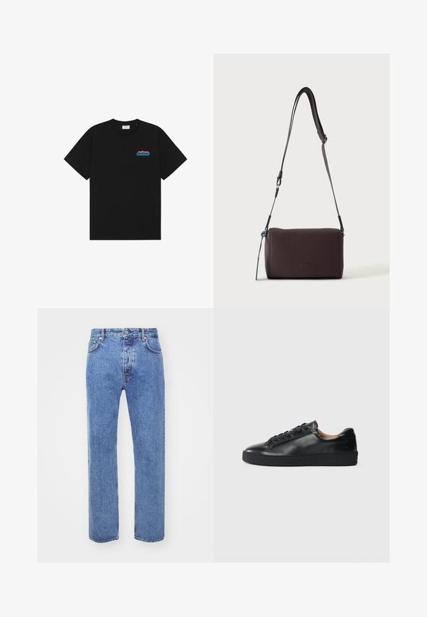 T-shirt noir à manches courtes avec col rond et petit logo "prince" rose et bleu sur la poitrine gauche.; Won Hundred STEVE - Jean boyfriend - cut blue; Baskets en cuir noir avec une texture lisse, bout rond et fermeture à lacets. Comprend une semelle en caoutchouc épaisse et un minimum de détails de marque.; Sac bandoulière en cuir marron foncé texturé avec une sangle réglable et un petit accent décoratif bleu sur le côté.