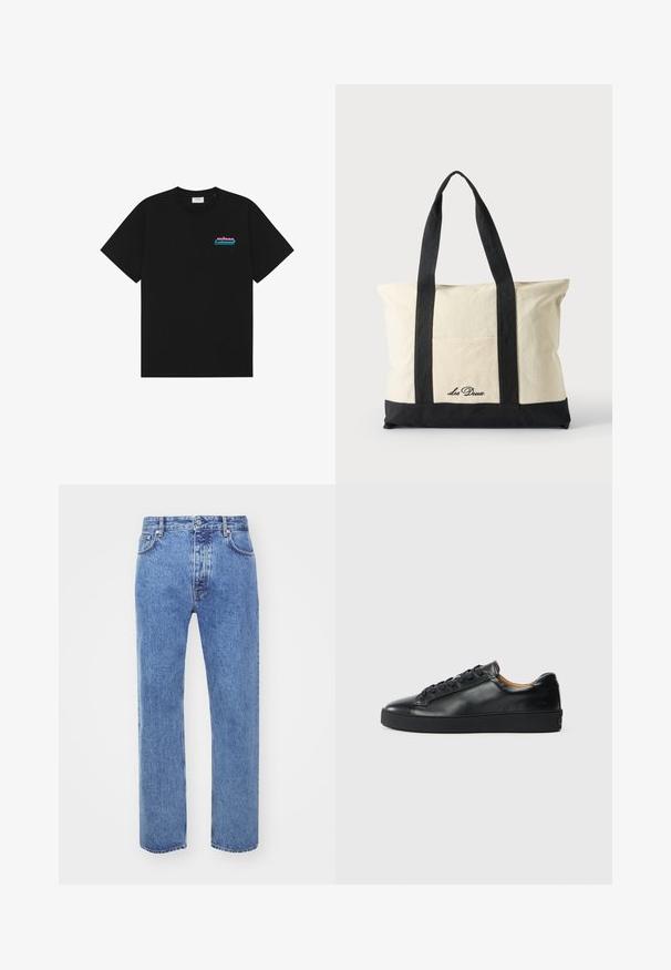 T-shirt noir à manches courtes avec col rond et petit logo "prince" rose et bleu sur la poitrine gauche.; Won Hundred STEVE - Jean boyfriend - cut blue; Baskets en cuir noir avec une texture lisse, bout rond et fermeture à lacets. Comprend une semelle en caoutchouc épaisse et un minimum de détails de marque.; Sac fourre-tout en toile avec longues anses noires, bordure noire en bas et poche avant avec logo "Les Deux" en écriture noire.