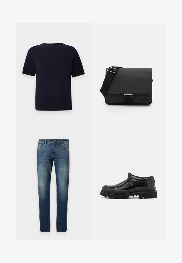 Marineblaue Baumwoll-T-Shirt mit Rundhalsausschnitt, kurzen Ärmeln und geradem Schnitt. Glatte Textur, keine sichtbaren Muster oder Akzente.; Blaue Jeans aus Denim mit geradem Schnitt, ausgebleichtem Vorderteil, Kontrastnähten, fünf Taschen und einem Knopfverschluss.; Schwarze Leder-Derby-Schuhe mit einem eleganten Design, runder Zehenpartie und rutschfester Gummisohle mit tiefen Rillen für besseren Halt.; Schwarze Umhängetasche aus strukturiertem Material mit Klappenverschluss, verstellbarem Tragegurt und Metallbeschlägen. Verfügt über ein логотипdetail auf der Vorderseite.
