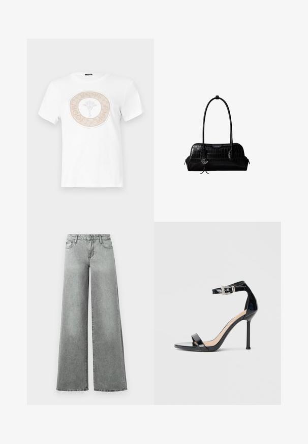T-shirt en coton blanc avec un design de logo beige circulaire comprenant un motif floral au centre et du texte autour de la bordure.; Jeans en denim gris à jambes larges, dotés de cinq poches, d'une taille haute et d'une finition légèrement délavée avec des coutures visibles.; Sandale à talon haut en cuir verni noir avec bride à la cheville. Présente un design minimaliste, un bout ouvert et une boucle ornée de strass.; Sac à épaule en cuir noir à texture crocodile, avec de longues sangles et un petit charm logo argenté sur une sangle.