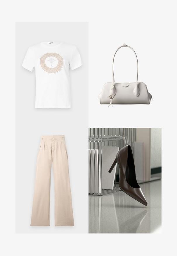 T-shirt en coton blanc avec un design de logo beige circulaire comprenant un motif floral au centre et du texte autour de la bordure.; Pantalons larges beige en coton, avec des plis à l'avant et une texture lisse. Le design inclut une taille standard et aucun motif visible.; Chaussure en cuir marron foncé à talon haut flottant au-dessus d'un sol réfléchissant près d'une étagère métallique avec des panneaux blancs dans une pièce.; Sac à bandoulière blanc Calvin Klein avec longues poignées, forme rectangulaire, fermeture éclair et charm logo décoratif suspendu près de la poignée.