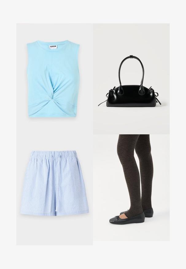 Hele sinine ilma varrukateta crop top, mis on valmistatud pehmest puuvillast, esiküljel on keeratud detail ja ümar kaelus.; Heledad sinise triibulised lühikesed püksid elastse vöökoha ja paelte detailiga. Valmistatud pehmest kangast, millel on mugav lõige ja volditud disain.; Jalad seljas tumedad soonelises soonelises kombines mustade baleriinadega, millel on väikesed paelade detailid valgel taustal.; Väike must läikiv käekott kahe pika sangaga ja külgedel paelakinnitustega, ühel lihtsal helel taustal.