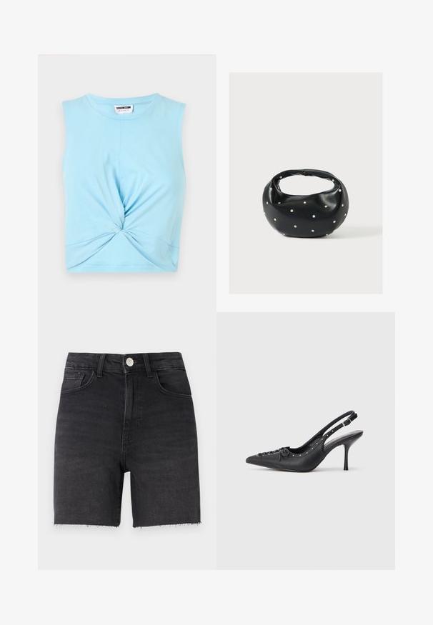 Hele sinine ilma varrukateta crop top, mis on valmistatud pehmest puuvillast, esiküljel on keeratud detail ja ümar kaelus.; Mustad denimi lühikesed püksid koos istuva disaini, sirge lõike, lahtise ääre, viie tasku stiili ja metallist nööbiga sulgemisega taljes.; Must musta sanga kaelaga stilettod, terav nina, külgse pandla rihm, nurgas nublud ja dekoratiivne nöörimine ees.; Mustast nahast ümmarguse kujuga käekott, kaunistatud hõbedaste naeladega, lühikese sangaga. Sile tekstuur ja tõmblukuga sulgemine.