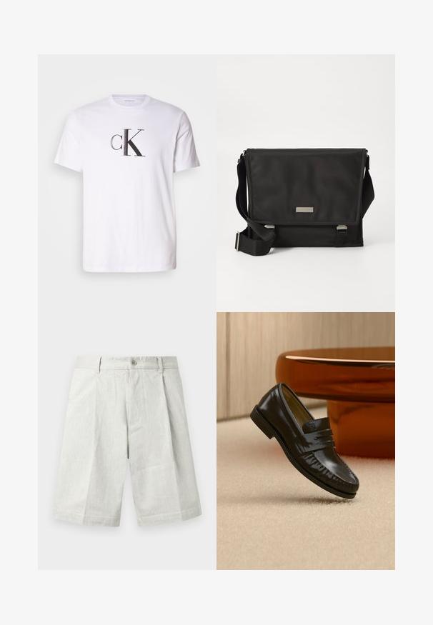 Weißes Baumwoll-T-Shirt mit einem auffälligen schwarzen 'cK'-Logo in fetter Schrift auf der Vorderseite. Kurze Ärmel mit einem klassischen Rundhalsausschnitt.; Hellgraue Shorts aus strukturiertem Stoff, mit einem Knopfverschluss, Falten und einem geraden Schnitt, geeignet für legere Trageanlässe.; Glänzender schwarzer Leder-Loafer mit einem Riemendetail, auf einem beigen Teppich neben einem runden braunen Couchtisch in einem sanft beleuchteten Raum platziert.; Schwarze Umhängetasche aus Nylon mit matter Oberfläche. Verfügt über einen Klappenverschluss, einen verstellbaren Trageriemen und eine kleine Metall-Logo-Platte.