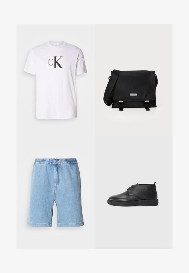 Weißes Baumwoll-T-Shirt mit einem auffälligen schwarzen 'cK'-Logo in fetter Schrift auf der Vorderseite. Kurze Ärmel mit einem klassischen Rundhalsausschnitt.; Helle blaue Jeansshorts mit elastischem Bund, vorderem Knopfverschluss, seitlichen Taschen und geradem Schnitt. Mittlere Oberschenkel-Länge.; Schwarze Leder-Stiefeletten mit glatter Textur, abgerundeter Spitze und schwarzer Gummisohle. Verfügt über ein Schnürdesign und eine Fersenschlaufe für ein einfaches Anziehen.; Schwarze Umhängetasche aus glattem Nylon, mit Klappenverschluss, verstellbarem Riemen und silberfarbenen Akzenten. Kompaktes und funktionales Design.