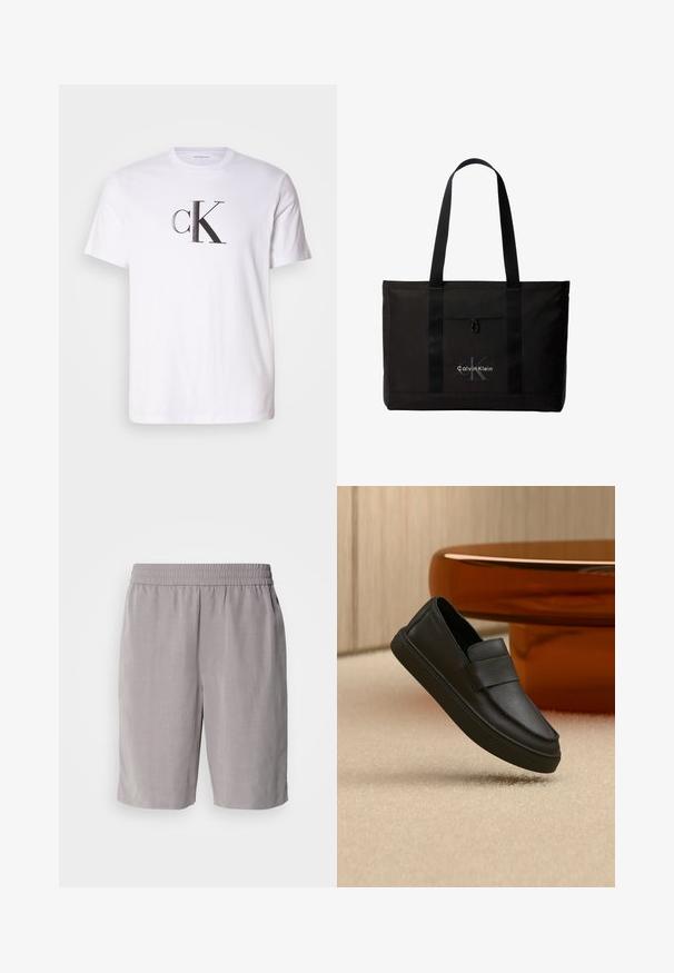 Biele bavlnené tričko s výrazným čiernym logom 'cK' v tučnom písmene na prednej strane. Krátke rukávy a klasický okrúhly výstrih.; Calvin Klein PULL ON - Šortky - steeple gray; Čierny kožený mokasín na zasúvanie s remienkom cez hornú časť, umiestnený na béžovom koberci a vedľa hnedého okrúhleho stola.; Čierna taška Calvin Klein typu tote s dvoma dlhými rúčkami a predným vreckom, s logom značky v bielej a sivej farbe.
