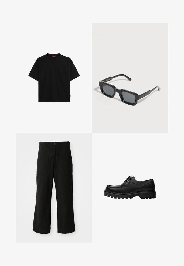 Schwarzes kurzärmliges T-Shirt aus Baumwolle mit Rundhalsausschnitt und einem kleinen Etikett an der Seite. Glatte Textur und gerader Schnitt.; Schwarze weit geschnittene Hose aus weichem Stoff, mit Fronttaschen und einem Knopfverschluss an der Taille. Minimalistisches Design ohne sichtbare Muster.; Schwarzer Leder-Schnürschuh mit dicker, robuster Sohle und detaillierter Naht am Obermaterial, entworfen für formelle oder legere Anlässe.; Schwarze rechteckige Sonnenbrille mit dicken Rahmen und dunkel getönten Gläsern, schräg auf weißem Hintergrund.