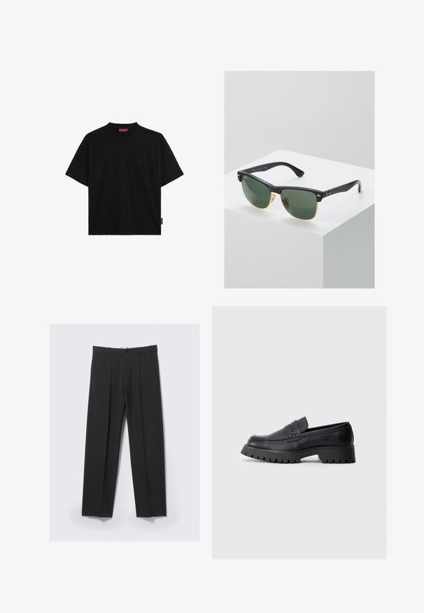 Schwarzes kurzärmliges T-Shirt aus Baumwolle mit Rundhalsausschnitt und einem kleinen Etikett an der Seite. Glatte Textur und gerader Schnitt.; Schwarze, maßgeschneiderte Hose mit vorderen Falten, Seitentaschen, Gürtelschlaufen und Knopfverschluss am Bund vor hellem Hintergrund.; Schwarze Leder-Loafer mit abgerundeter Schuhspitze, ausgestattet mit einem dekorativen Riemen und einer robusten Gummisohle mit tiefem Profil für besseren Halt.; Ray-Ban Sonnenbrillen mit grünen Gläsern, schwarzen Kunststoffrahmen und goldenen Akzenten an den Rändern. Quadratische Form mit matter Oberfläche.