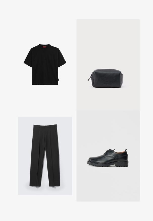 T-shirt noir à manches courtes en coton, avec un col rond et une petite étiquette sur le côté. Texture lisse et coupe droite.; Pantalon noir ajusté avec plis avant, poches latérales, passants de ceinture et fermeture par bouton à la taille sur un fond clair.; Chaussures derby en cuir noir avec une texture lisse, bout rond, design à lacets et une semelle en caoutchouc épaisse et robuste.; Trousse de toilette rectangulaire en cuir noir avec fermeture éclair et nom de marque embossé sur le devant, sur fond blanc uni.