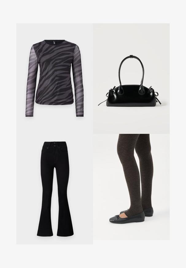 Pikkade varrukatega topp, mis on kaunistatud musta ja halli zebra triibumänguga, valmistatud kergest võrgumaterjalist ning ümara kaelusega.; Pepe Jeans FLARE CONTOUR - Alt laienevad teksad - black denim; Jalad seljas tumedad soonelises soonelises kombines mustade baleriinadega, millel on väikesed paelade detailid valgel taustal.; Väike must läikiv käekott kahe pika sangaga ja külgedel paelakinnitustega, ühel lihtsal helel taustal.
