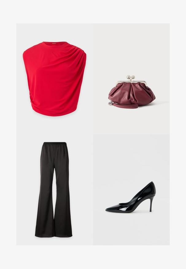 Top rouge sans manches avec un détail de tissu drapé sur une épaule et un col rond.; Pantalon noir à jambes larges avec taille élastique, en tissu lisse et fluide, présenté sur un fond blanc uni.; Escarpin en cuir verni noir avec un bout pointu et un talon aiguille délicat. Texture lisse avec un fini brillant et un design minimaliste.; Petite pochette en cuir bordeaux avec fermoir en métal argenté et bracelet pour poignet sur fond blanc.