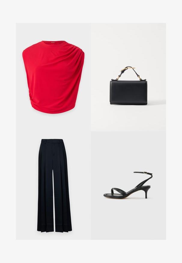 Top rouge sans manches avec un détail de tissu drapé sur une épaule et un col rond.; Pantalon large bleu marine taille haute, avec passants de ceinture, plis à l'avant et ourlet droit.; Sandale pour femme en cuir noir avec fines lanières, une boucle d'orteil, une boucle à la cheville et un talon aiguille de hauteur moyenne sur un fond neutre.; Sac à main en cuir noir de forme rectangulaire, doté d'une anse supérieure et d'accents en métal doré. Texture lisse, design minimaliste.