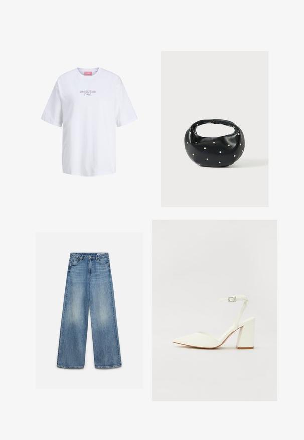 Άσπρο κοντομάνικο T-shirt με στρογγυλή λαιμόκοψη, με μικρό μωβ και μαύρο κείμενο «Matcha Latte Club» στο στήθος και ροζ ετικέτα στο λαιμό.; Μπλε τζιν παντελόνια με φαρδιές μπατζάκια και ξεθωριασμένο εφέ μπροστά, κουμπί εμπρός, φερμουάρ και μπροστινές τσέπες με θηλιές ζώνης.; Λευκή γόβα με ψηλό τακούνι και μυτερή μύτη, ρυθμιζόμενη λουρί στον αστράγαλο και χοντρό τετράγωνο τακούνι. Λείος υφής με ελάχιστες ραφές.; Μαύρη δερμάτινη τσάντα χειρός με στρογγυλεμένο σχήμα, διακοσμημένη με ασημένιες λεπτομέρειες με καρφιά και κοντή λαβή. Λείο υλικό και κλείσιμο με φερμουάρ.
