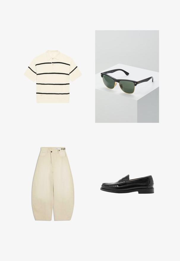 Korte mouwen polo shirt, wafelstructuur, crème kleur met zwarte horizontale strepen, drie-knopen sluiting, ribbelkraag en -zoom.; Beige wijde broek met hoge taille, uitgevoerd met knopen en ritssluiting, steekzakken aan de voorkant en riemlussen, plat gelegd op een witte achtergrond.; Zwarte leren penny loafer met gestikte moc-toe, lage hak en glad gepolijste afwerking, zijaanzicht tegen een witte achtergrond.; Ray-Ban zonnebrillen met groene lenzen, zwarte plastic monturen en gouden accenten aan de randen. Vierkante vorm met een matte afwerking.