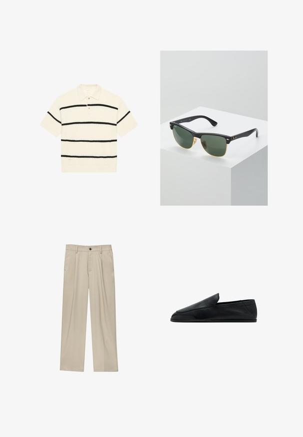 Korte mouwen polo shirt, wafelstructuur, crème kleur met zwarte horizontale strepen, drie-knopen sluiting, ribbelkraag en -zoom.; Beige broek met een rechte snit, voorzien van een enkele zwarte knoop, riemlussen en zijzakken. Glad stoffen textuur en een minimalistisch ontwerp.; Zwarte leren instaploafer met lage hak en afgeronde neus, gezien vanuit zijaanzicht op een witte achtergrond.; Ray-Ban zonnebrillen met groene lenzen, zwarte plastic monturen en gouden accenten aan de randen. Vierkante vorm met een matte afwerking.