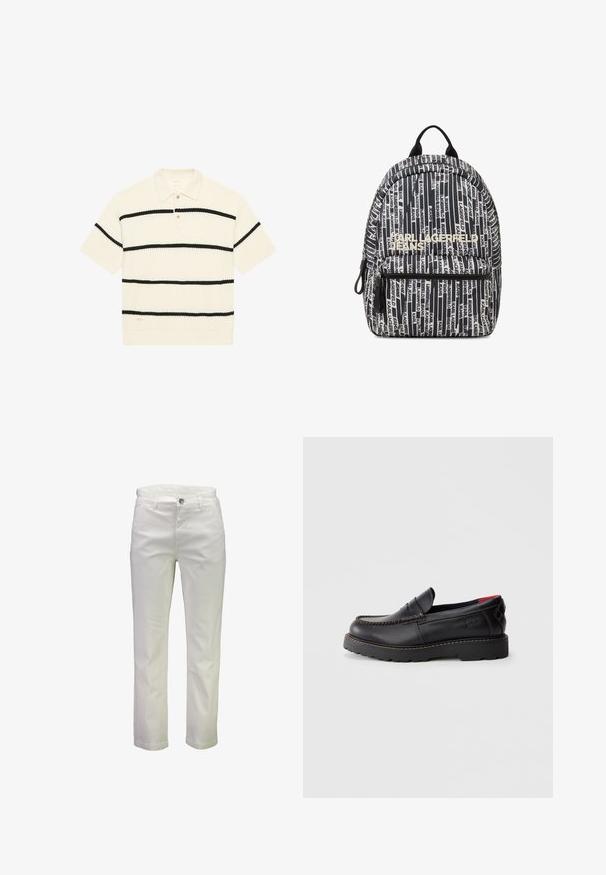 Korte mouwen polo shirt, wafelstructuur, crème kleur met zwarte horizontale strepen, drie-knopen sluiting, ribbelkraag en -zoom.; Witte katoenen broek met een rechte pijpdesign, voorzien van een knopsluiting aan de voorkant, twee zakken en een gladde textuur.; Zwarte leren instapper met moccasin-stiksel, rubberen zool en een gestructureerde afwerking. Bevat subtiele branding aan de zijkant.; Zwart-witte rugzak met herhalend "Karl Lagerfeld Jeans" tekstpatroon en voorvak met rits, voorzien van opvallend "Karl Lagerfeld Jeans" logo.